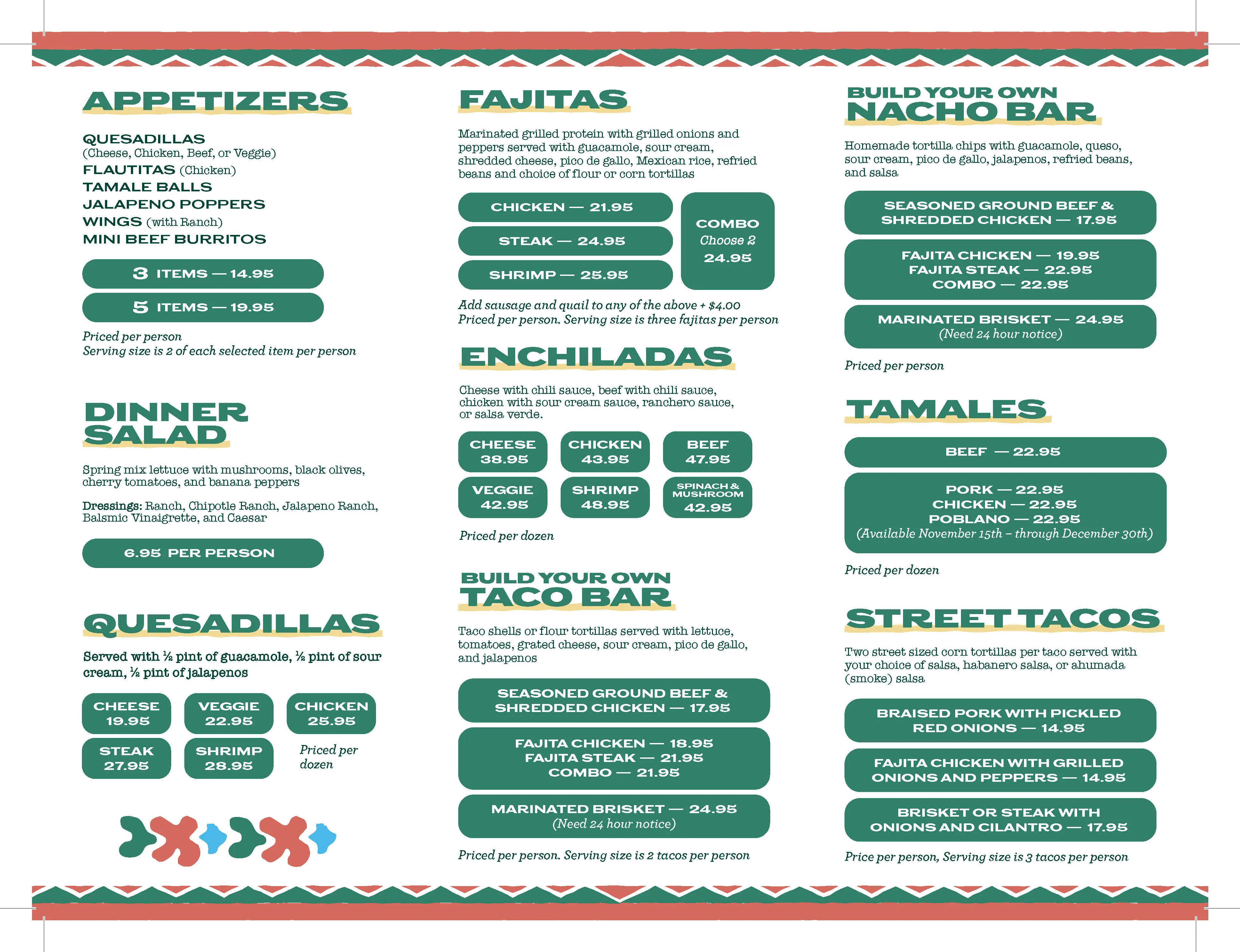 Rafa’s Cafe catering menu featuring appetizers, fajitas, enchiladas, quesadillas, tamales, street tacos and taco bar options