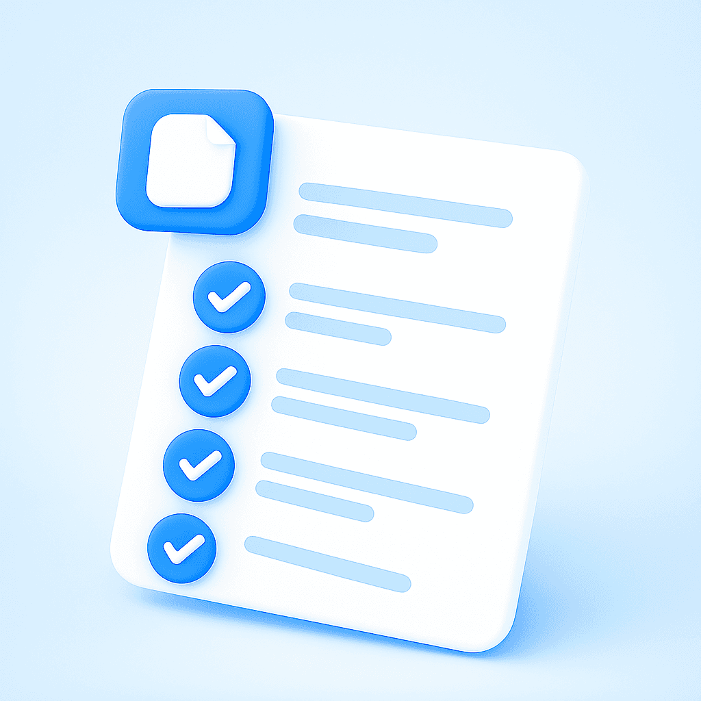 A 3D-rendered digital illustration of a clean white document with a single blue checkmark icon floating to the right. The document is minimal and centered, with no surrounding text or tags, conveying clarity, precision, and selection of the correct style.