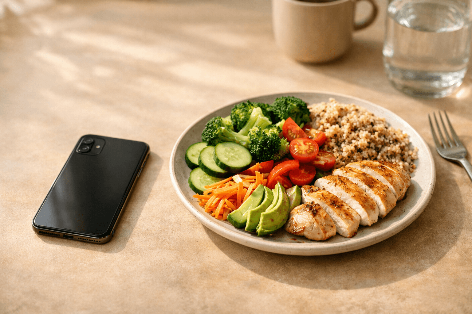 Smartphone face-down beside a balanced plate of vegetables, protein and grains — choosing to stop counting calories and eat mindfully