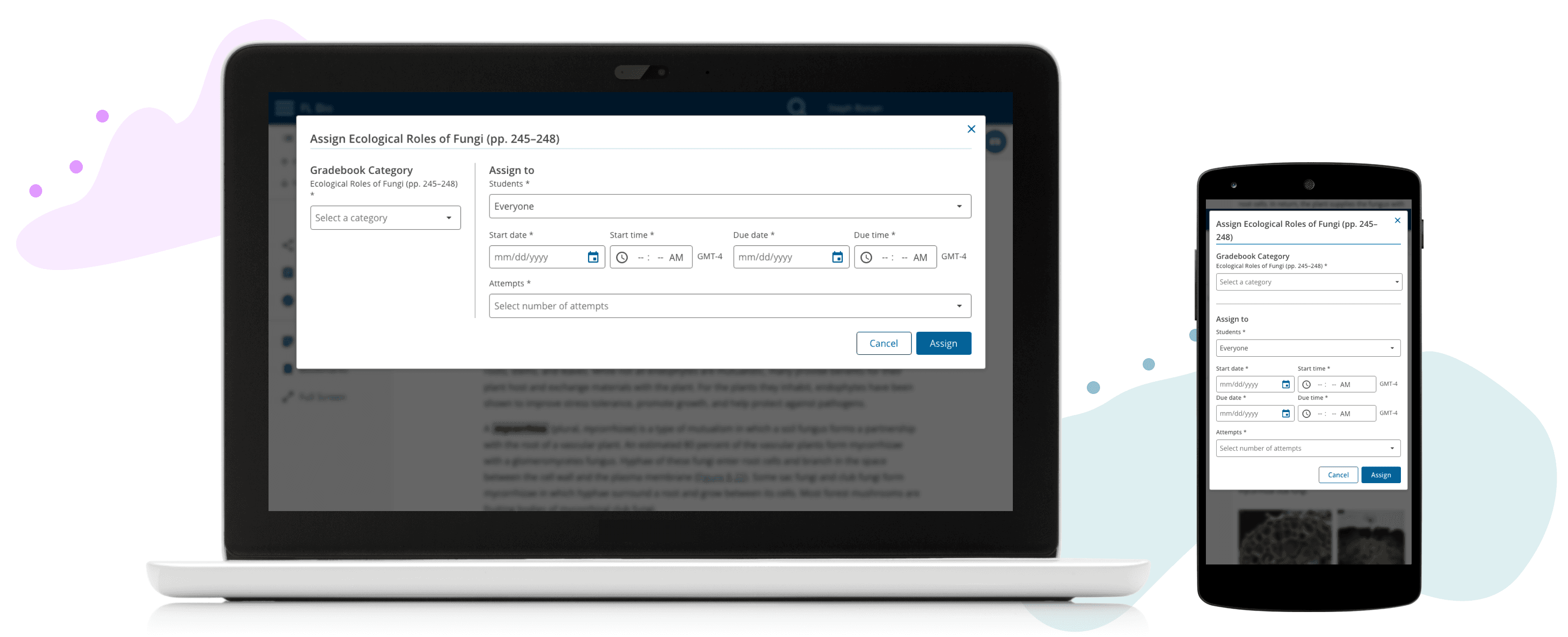 A classroom table with a laptop and phone displaying the redesigned assignment workflow