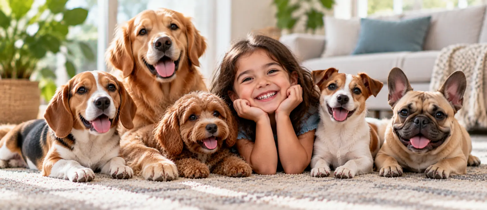 Smiling girl lying on the floor surrounded by five happy dogs of different breeds.