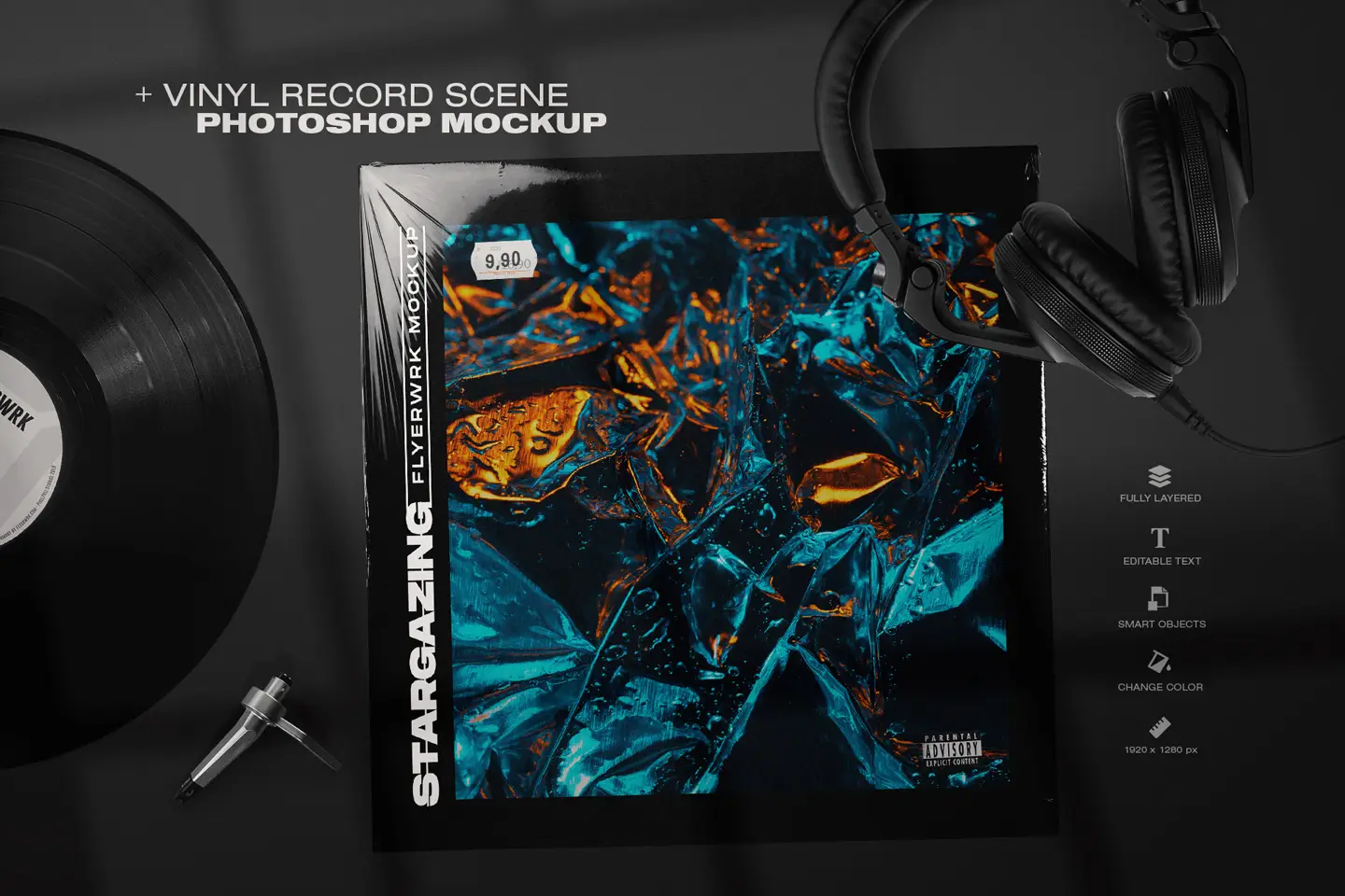 Plastic wrap textures applied to a vinyl record mockup scene for high resolution realistic packaging design