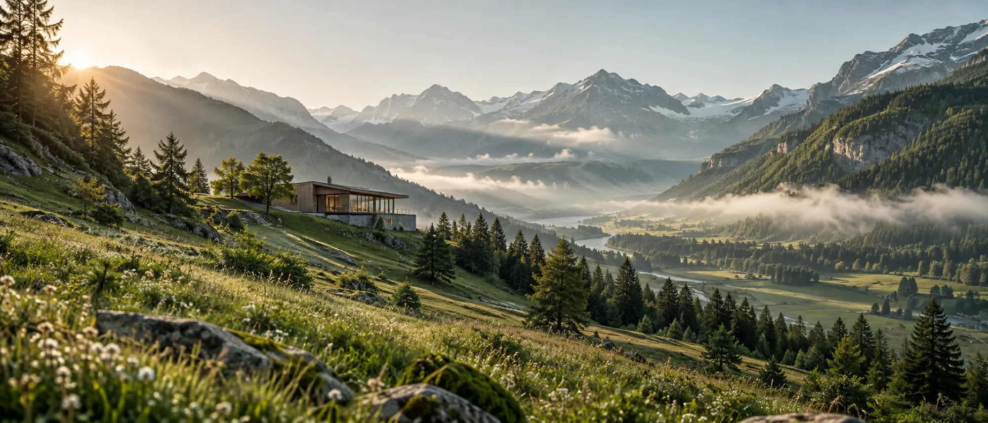 Green alpine valley with a distant timber house