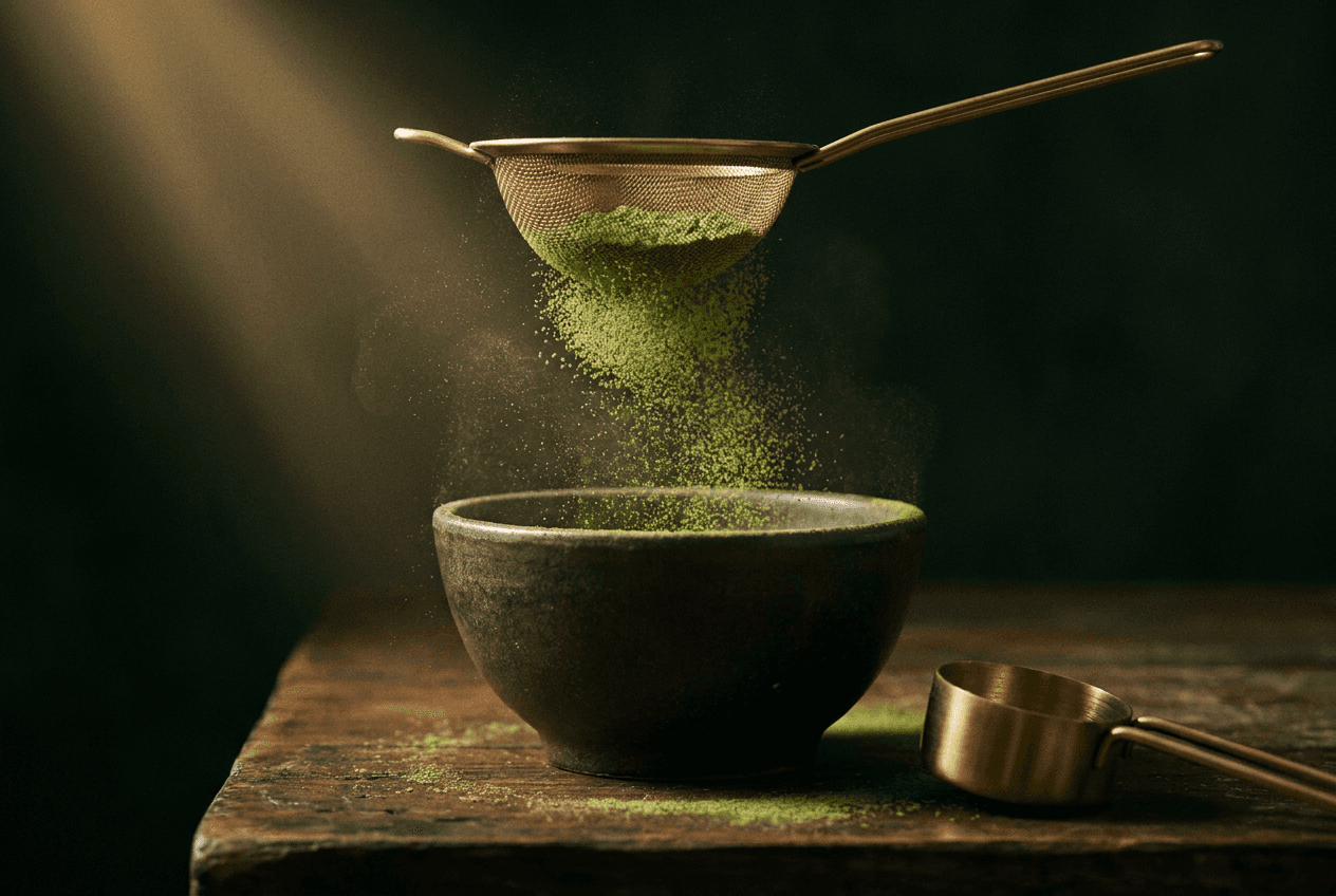 Matcha powder sifted into a dark stone bowl at AOMI