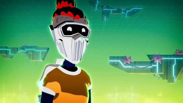 Close-up of animated character in visor and armor set against a virtual floating world