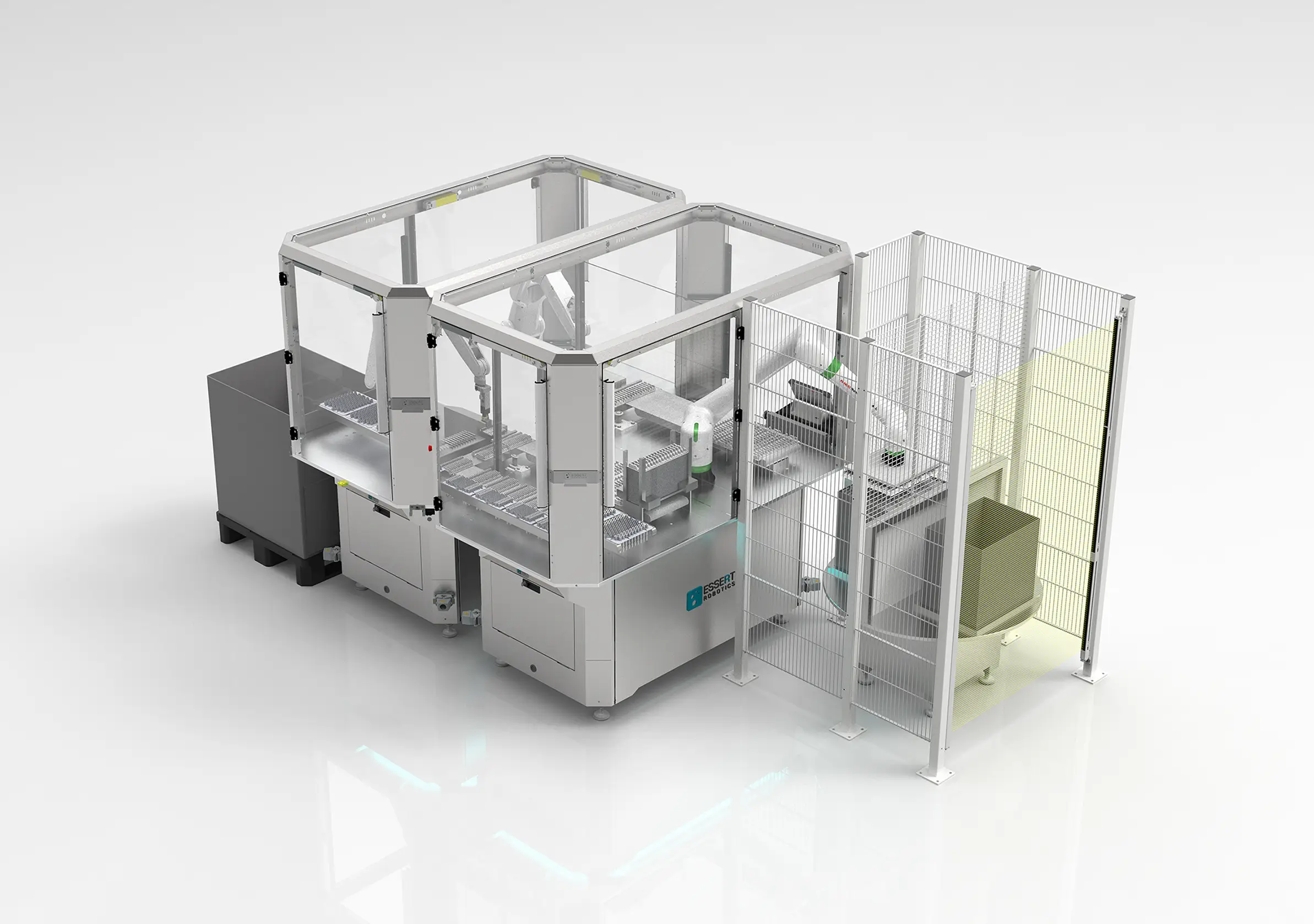 Tub Rondo Tray Retrayer Automaation from ESSERT Robotics with an integrated Rondo Tray outfeed module 