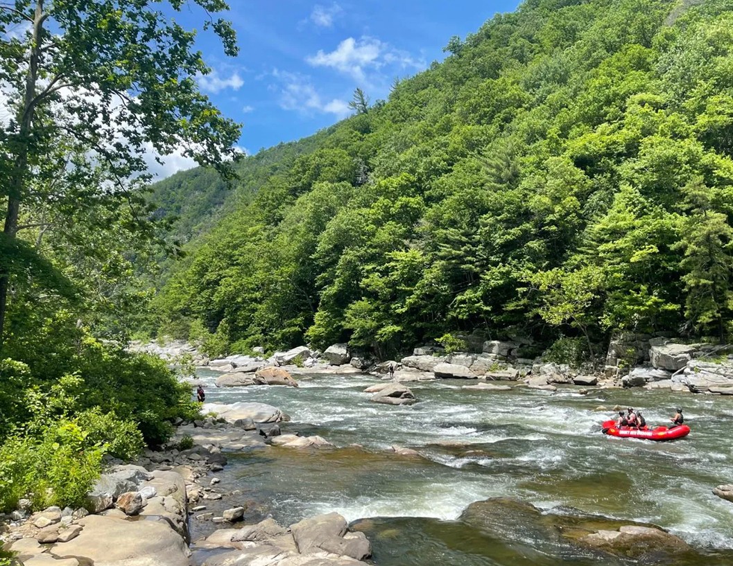 Action shot of rafters paddling through whitewater