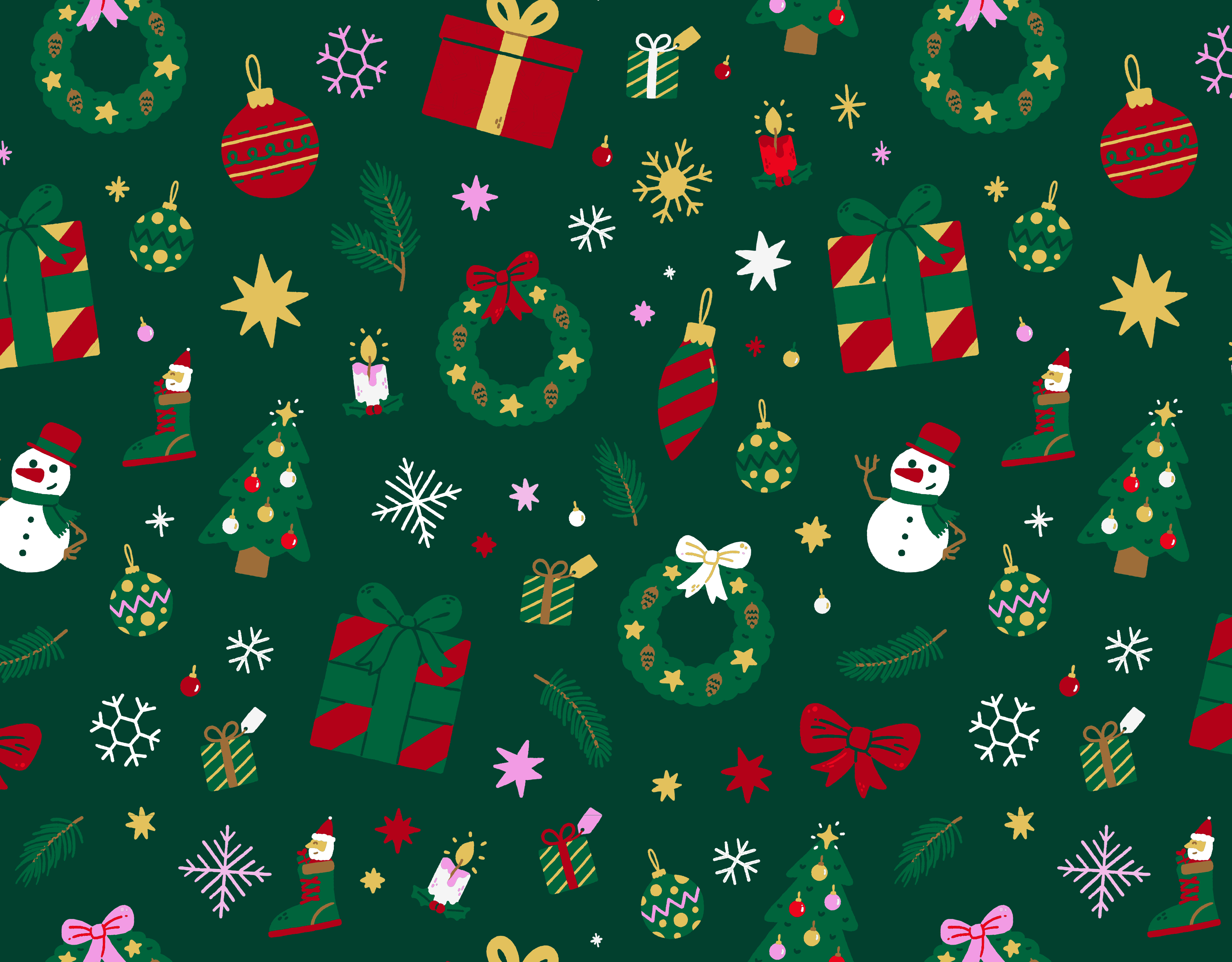 Illustrated Christmas pattern featuring gifts, ornaments and festive holiday elements for ALDI.