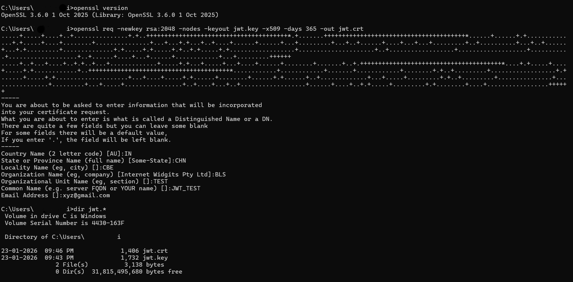 Command prompt window showing OpenSSL commands to generate a self-signed v3.6.0 certificate and private key, including certificate field entries.