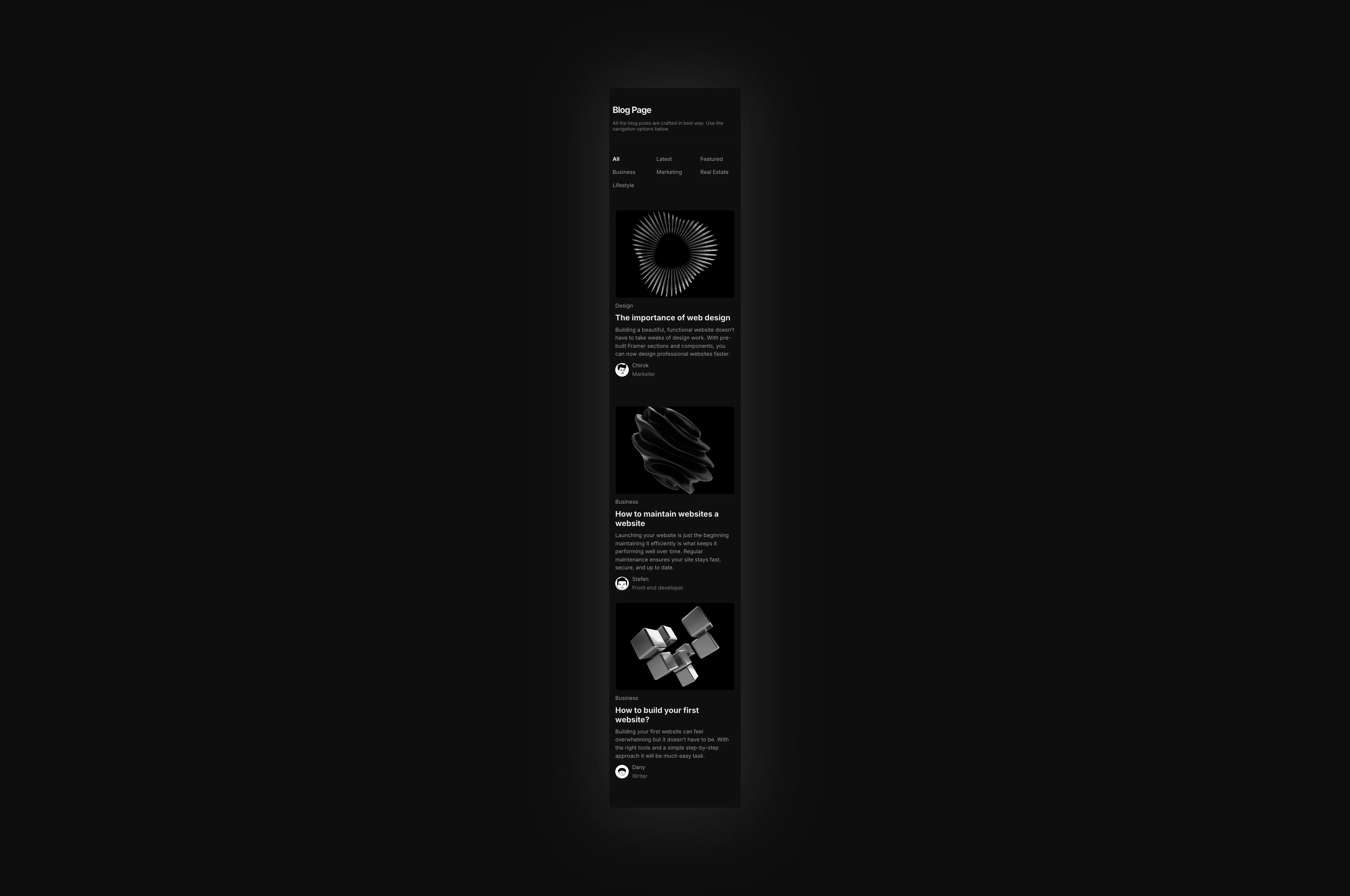 A dark themed cms blog collection page ui in grid format, optimized for mobile devices
