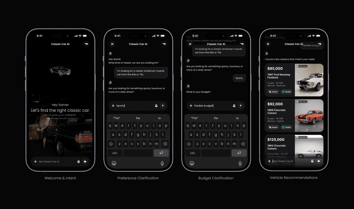 Classic Car AI app UI showcasing conversational car recommendations based on vehicle preferences, driving style, and budget.