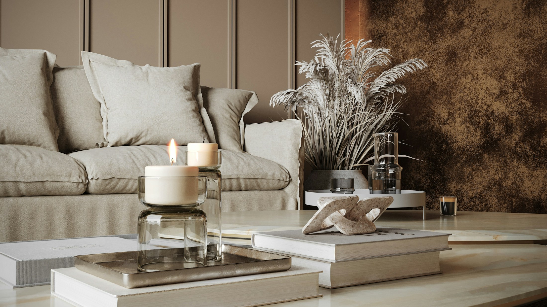 Warm, refined living room with layered furnishings