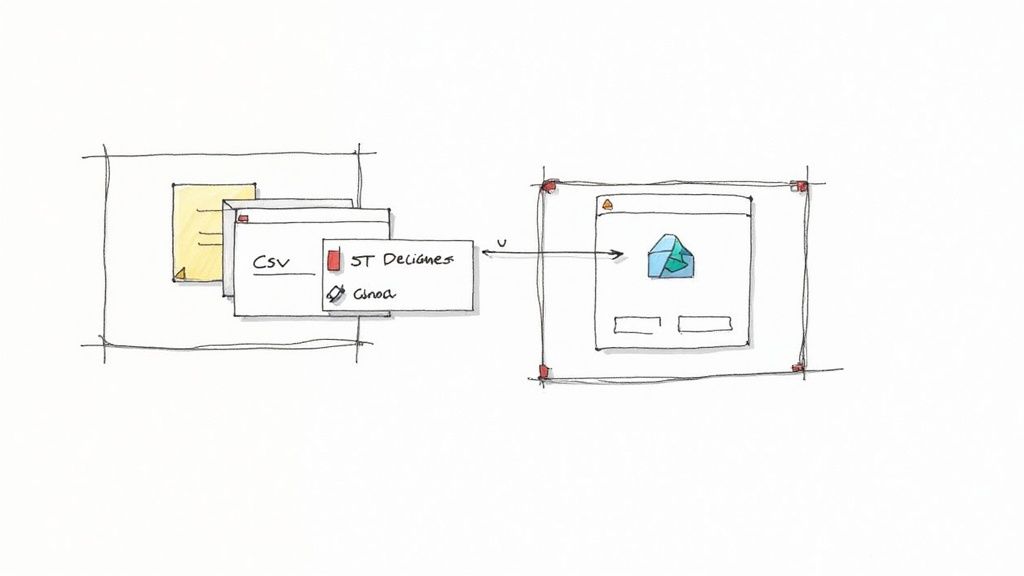 A hand-drawn diagram illustrating the migration of CSV and other data files into a cloud-based application.