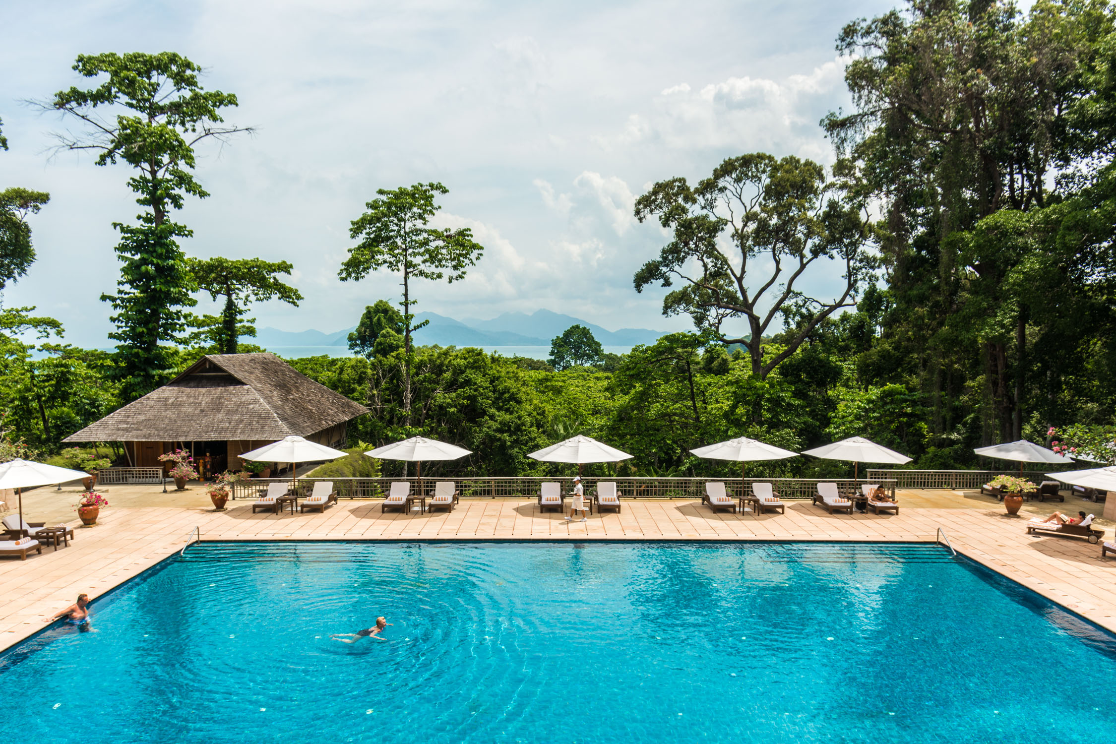 A turquoise swimming pool lined with lounge chairs and white umbrellas sits before a thatched-roof hut in a tropical jungle.