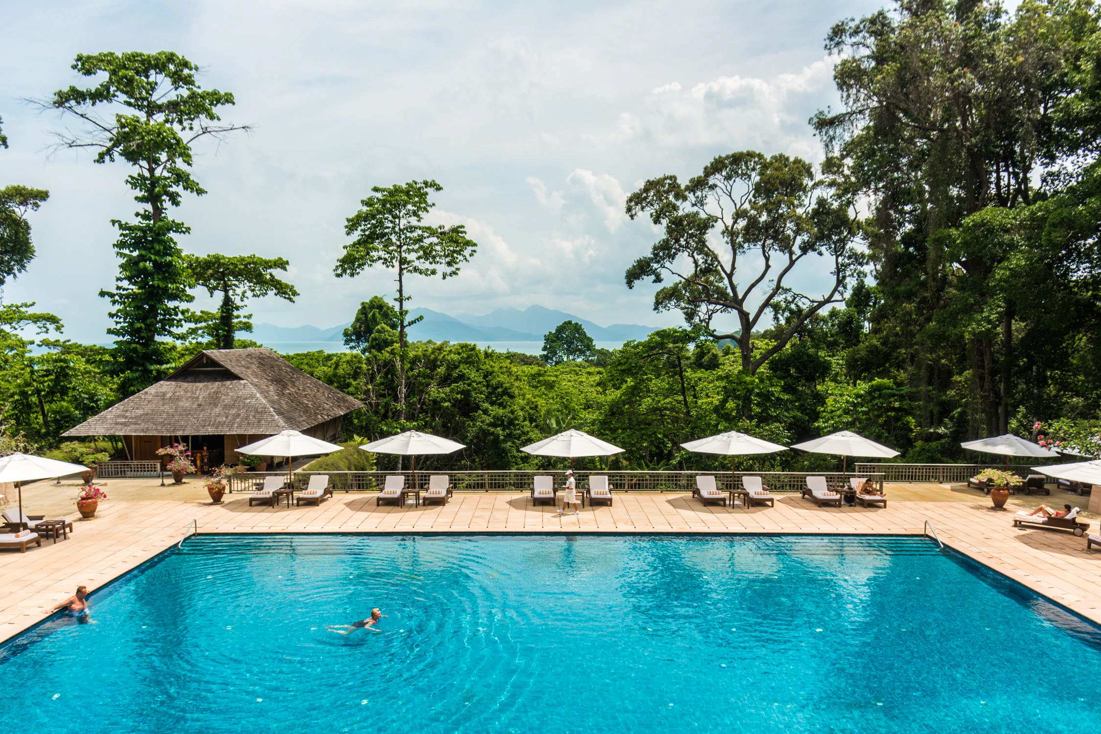 A turquoise swimming pool lined with lounge chairs and white umbrellas sits before a thatched-roof hut in a tropical jungle.