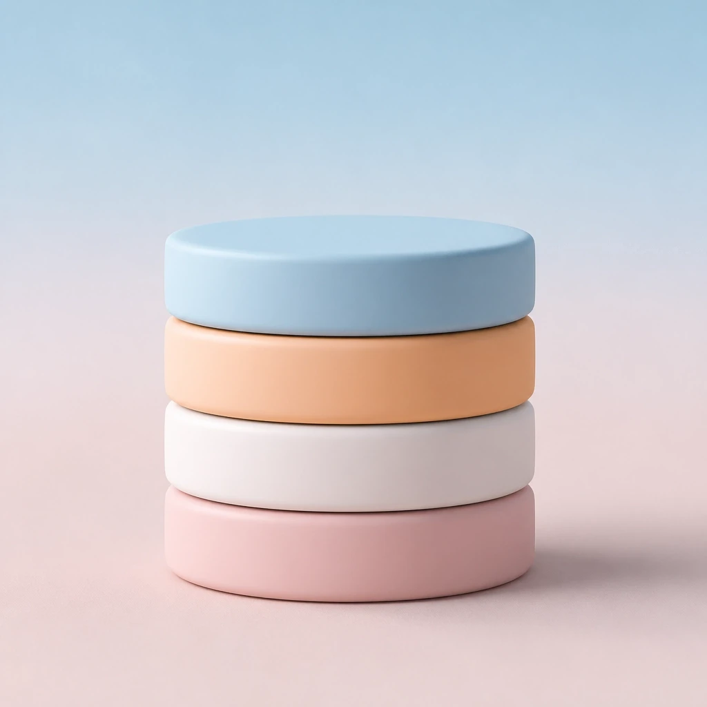 A stack of four smooth, pastel-colored discs: pale blue, soft orange, gentle white, and muted pink: representing the four pillars of the NOVA framework.