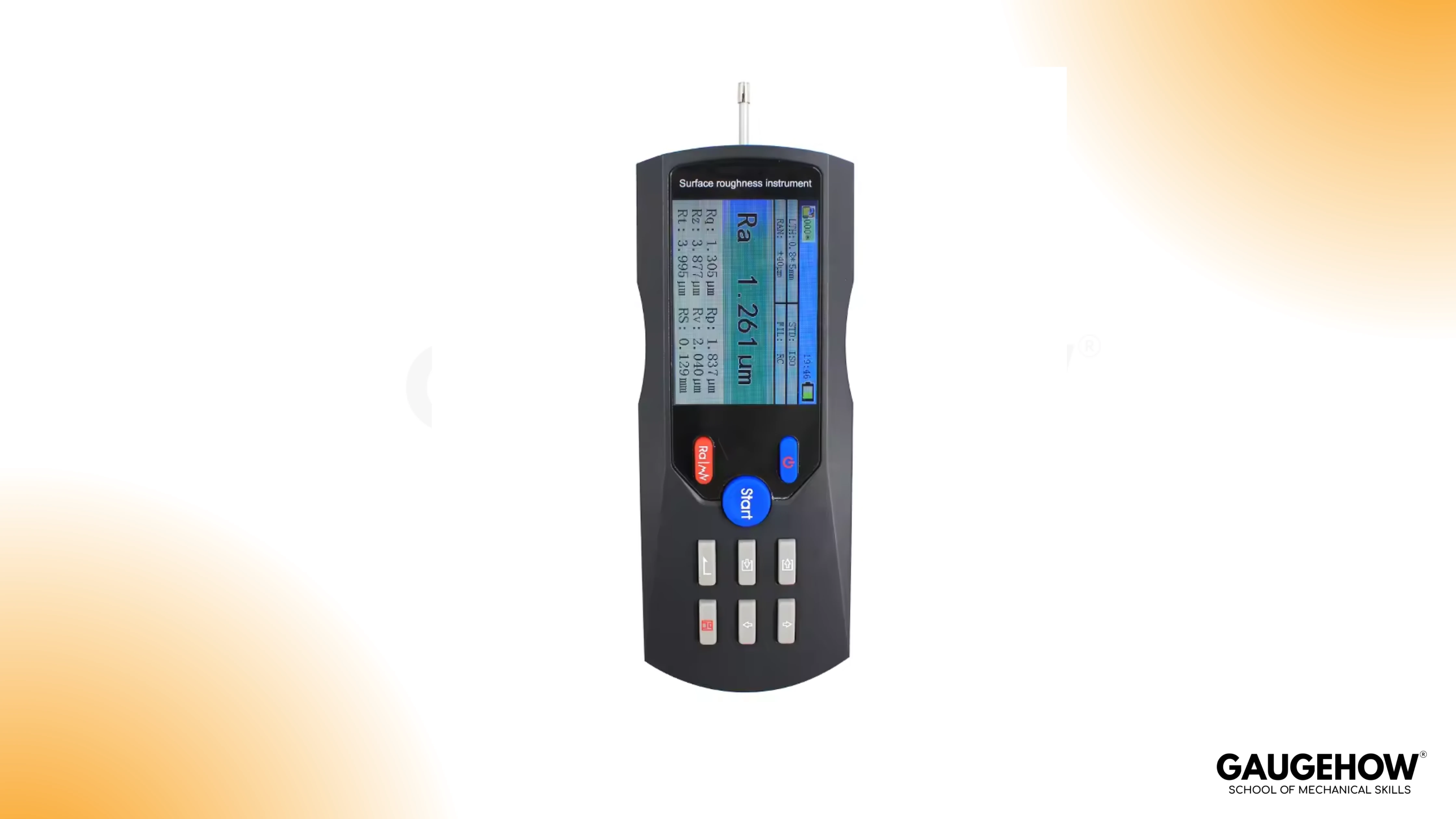 Portable surface roughness tester showing Ra and Rz