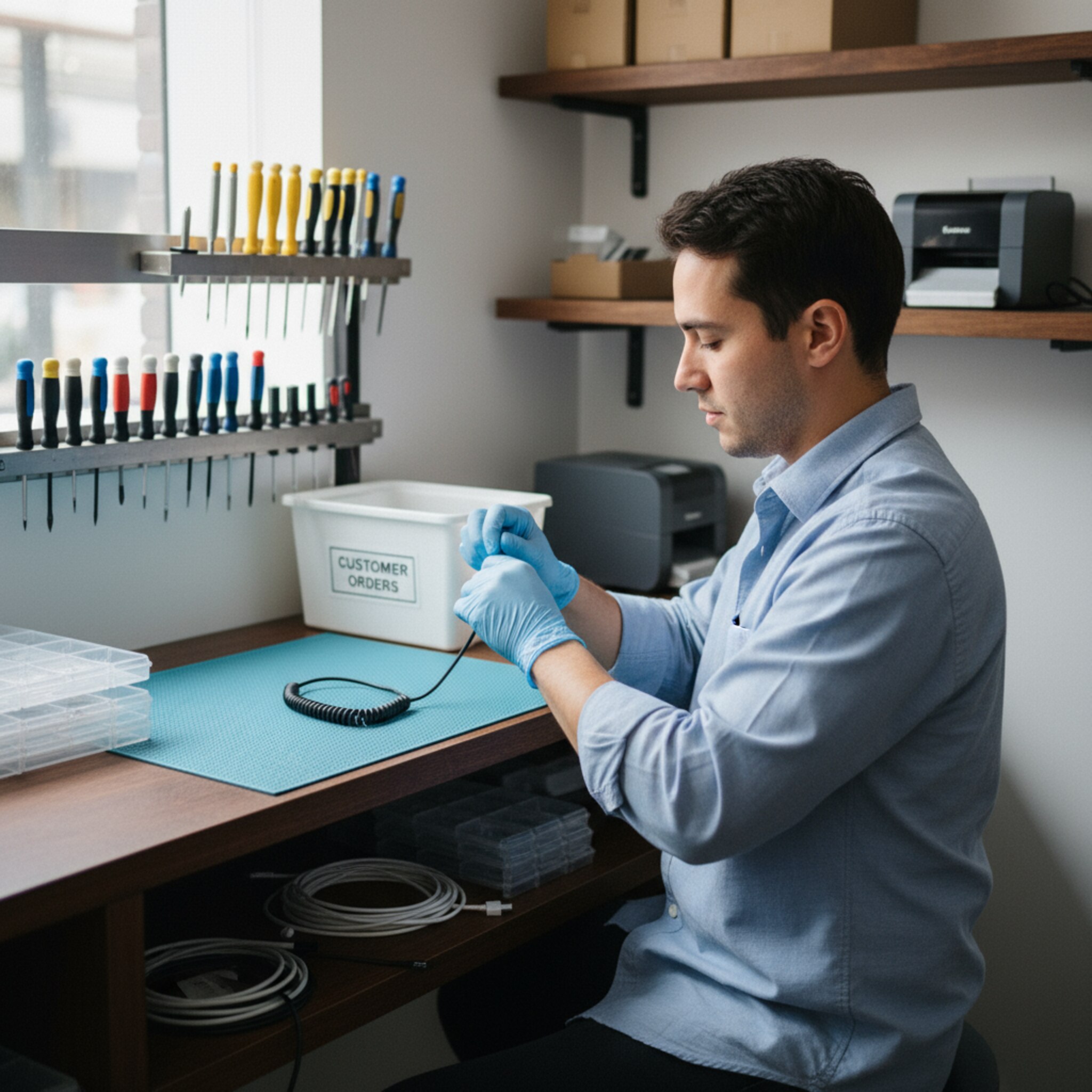 An einer Reparaturbank liegt eine antistatische Matte, darüber hängt eine sortierte Werkzeugleiste. Ein Techniker zieht sich dünne Handschuhe über und bereitet die Arbeitsfläche sorgfältig vor. Daneben steht eine markierte Kiste für Kundenaufträge. Die Szene zeigt konzentrierte Vorbereitung ohne Ablenkung.