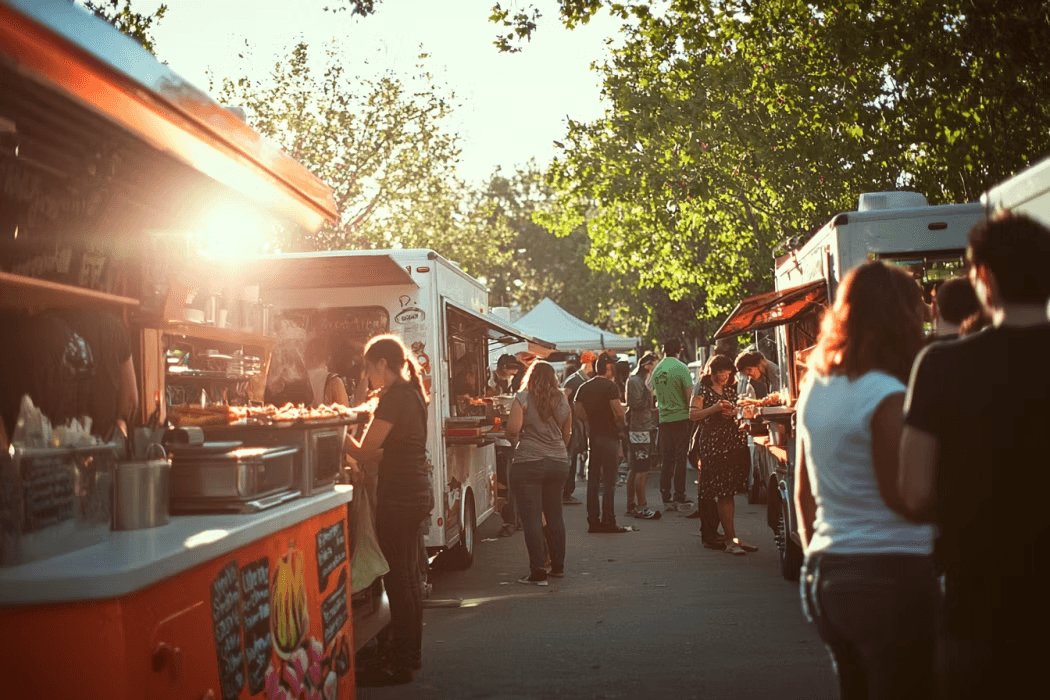 Vacant lot in a small town repurposed into a food truck venue
