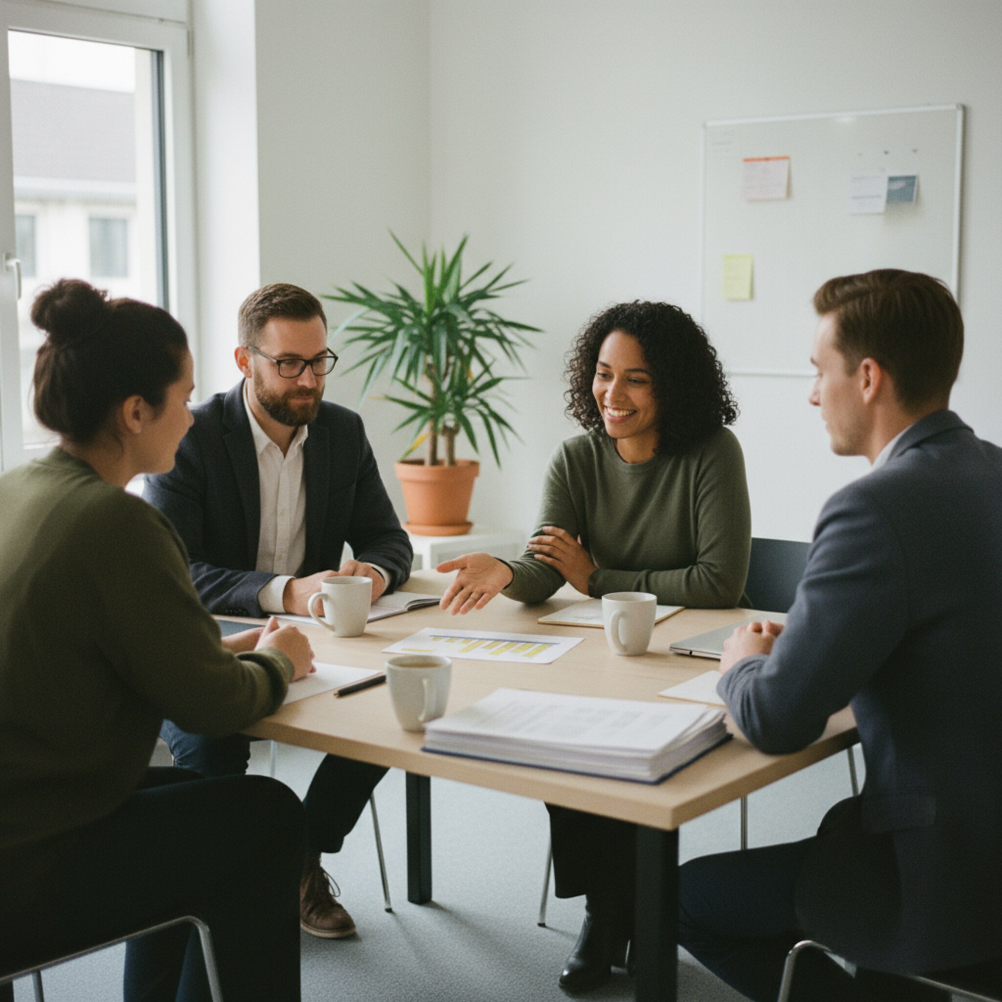 In einem Besprechungsraum sitzen Kolleginnen und Kollegen an einem schlichten Tisch. Neben Kaffeetassen liegen geordnete Unterlagen, eine Person zeigt auf eine zusammengefasste Auswertung. Das Gespräch ist fokussiert und konstruktiv, die Stimmung sachlich und zugewandt.