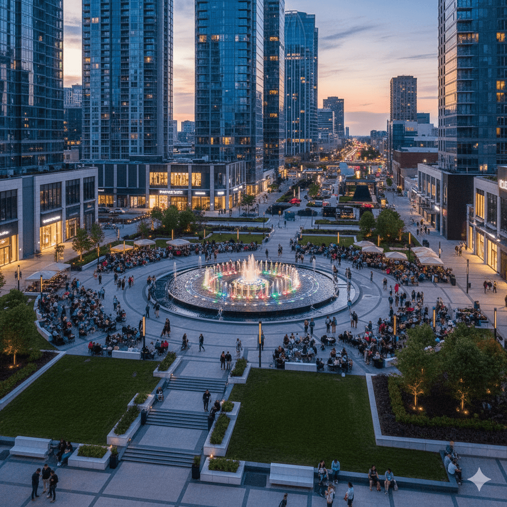 Aerial view of a vibrant commercial plaza with musical fountains and pedestrian walkways in Golf Course Road, Gurugram