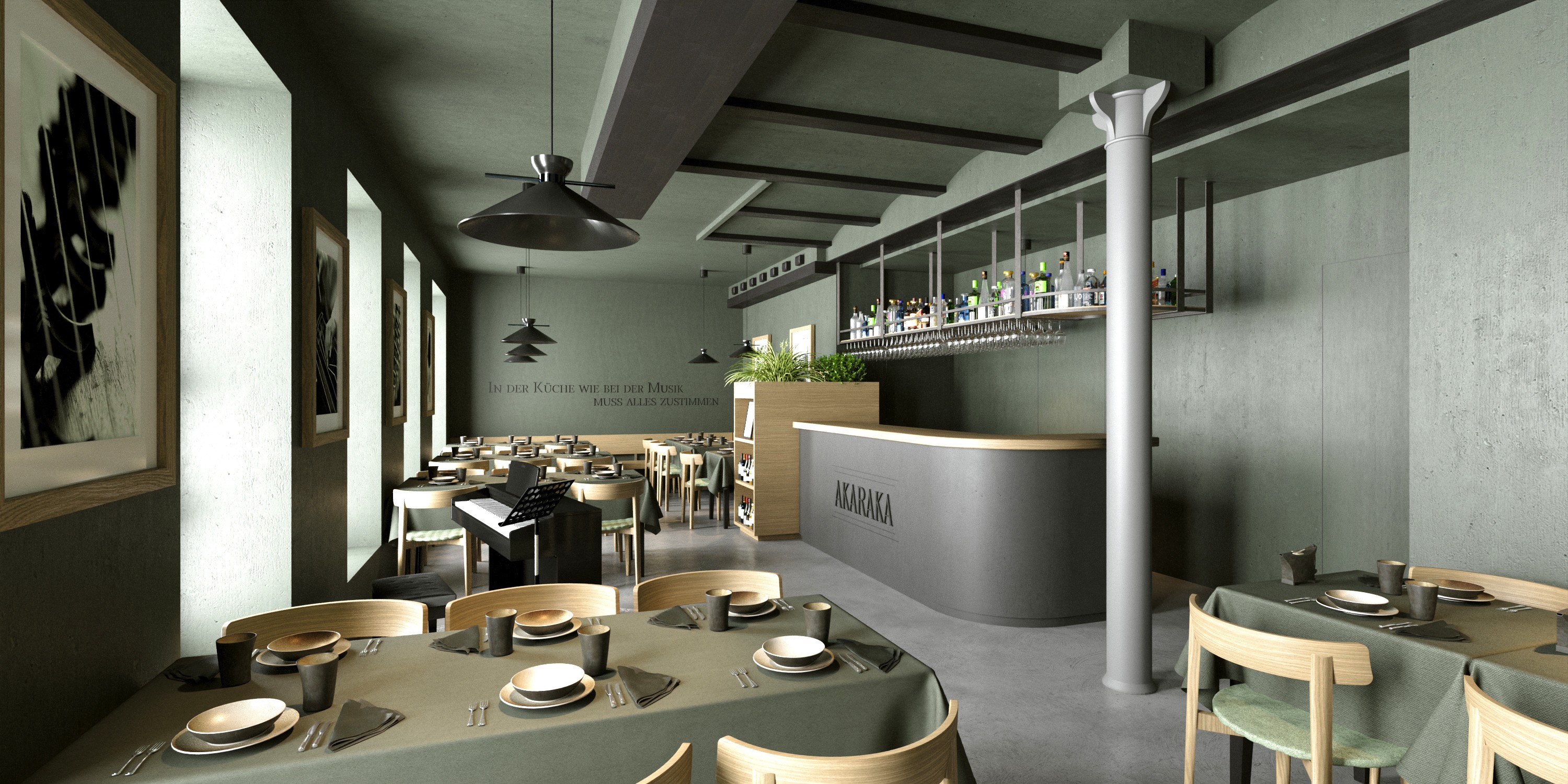 Korean design concept restuarant in Zurich Switzelrand with dark green and light wood MIDJ chairs