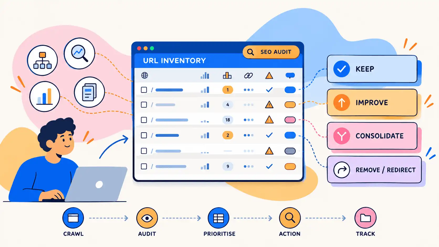 URL inventory spreadsheet from an SEO audit, with each page marked keep, improve, consolidate or remove and redirect