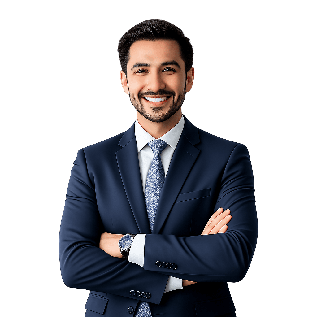 A man in a suit and tie smiles confidently, showcasing a professional appearance.