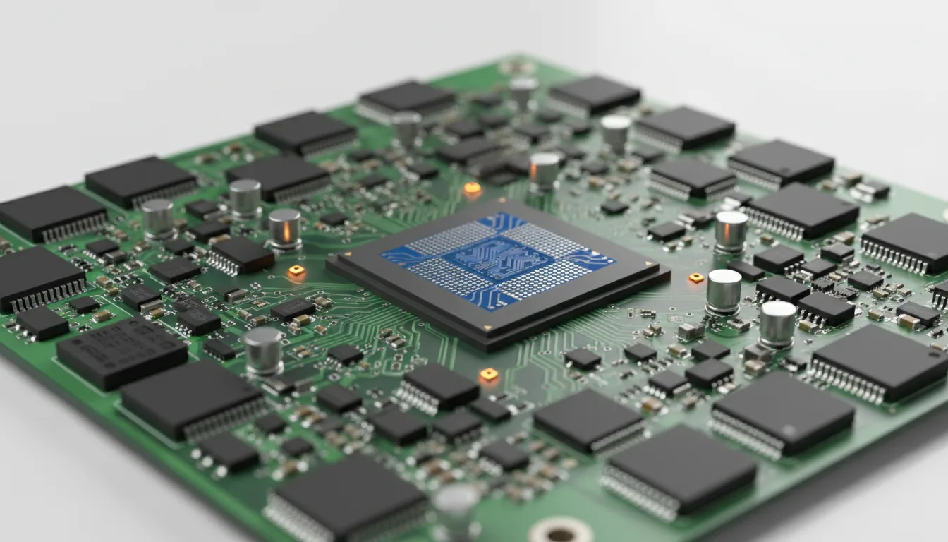 3D render of a modern green laptop motherboard, technical product shot. Macro close-up on a large, square Intel processor with visible blue circuit traces on the die. The board is densely packed with black microchips, silver capacitors, and surface-mount components. Four small components glow with a warm orange light. Soft global illumination, shallow depth of field, clean studio backdrop, Blender style.
