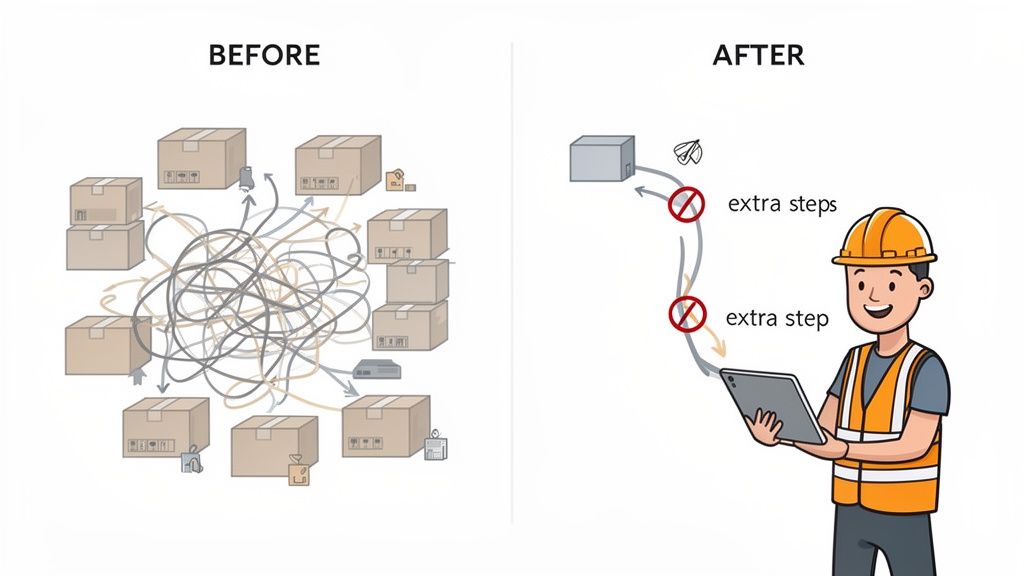 Comparison illustrating process optimization: tangled arrows and boxes before, a worker with a tablet streamlining workflow after.