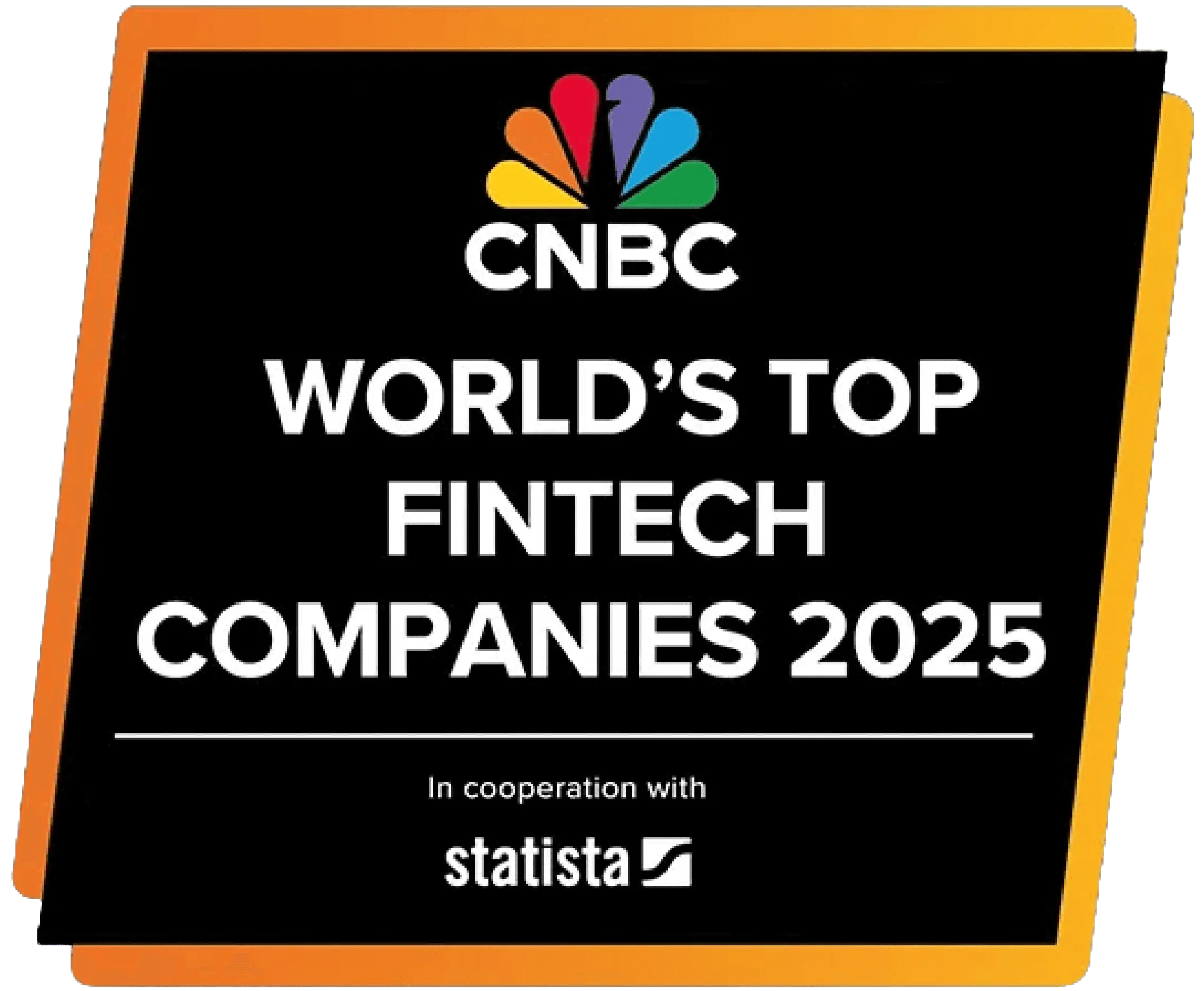 Text on a black background: "CNBC WORLD'S TOP FINTECH COMPANIES 2025" with a logo in the top left corner.