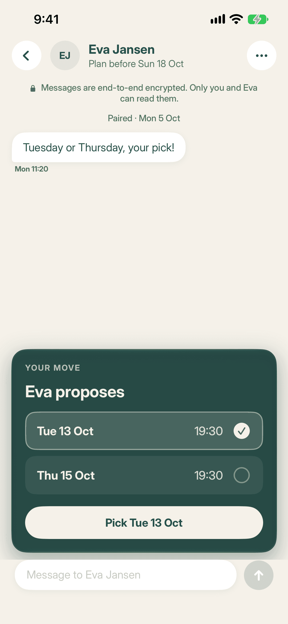 Rivals app: Eva proposes two moments, you pick one with one tap
