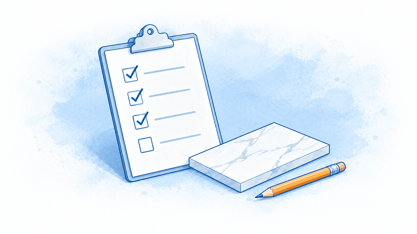 A blue checklist clipboard beside a marble sample and yellow pencil.