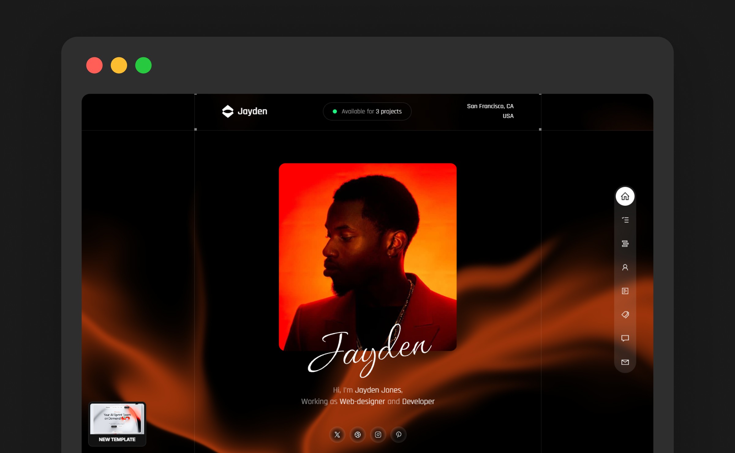 Jayden free Framer portfolio template — dark web designer and developer homepage with an 'Available for 3 projects' status and orange portrait