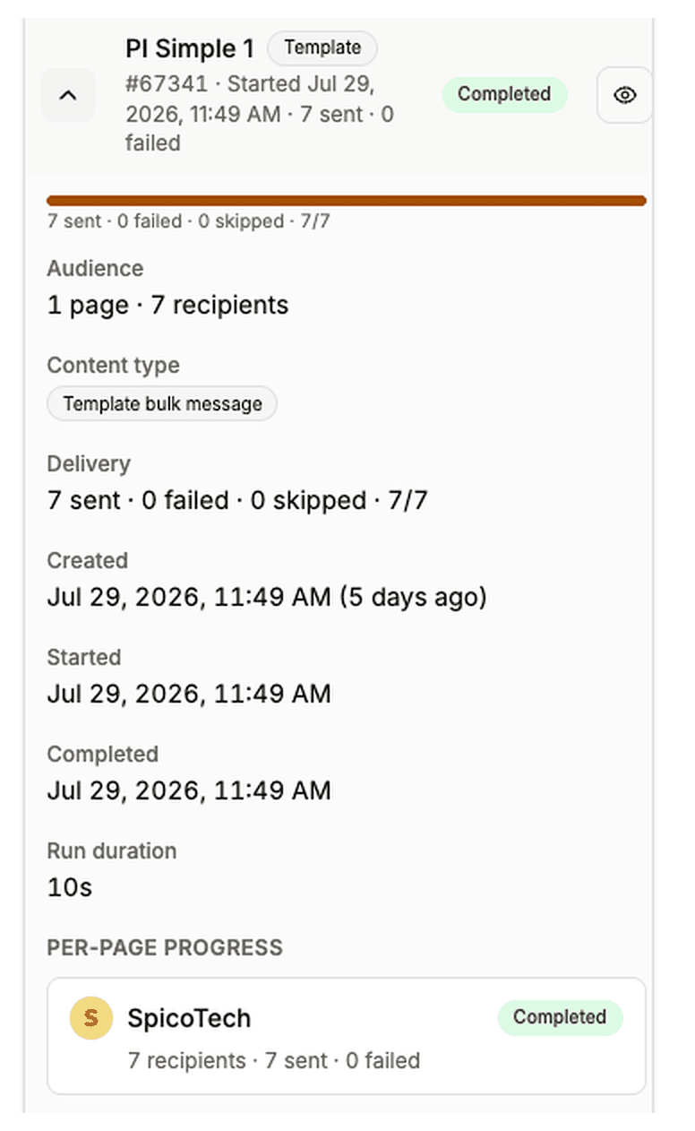 Finished bulk message showing audience, content type, delivery counts of sent, failed and skipped, and per-page progress.