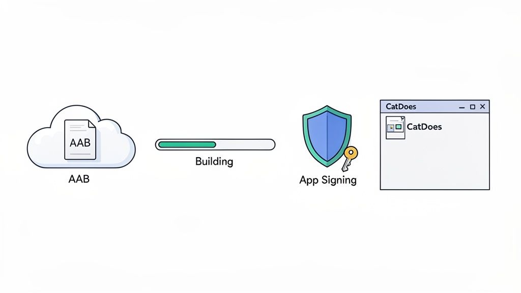 Diagram illustrating the app publishing flow: AAB, building, app signing, and the final application.