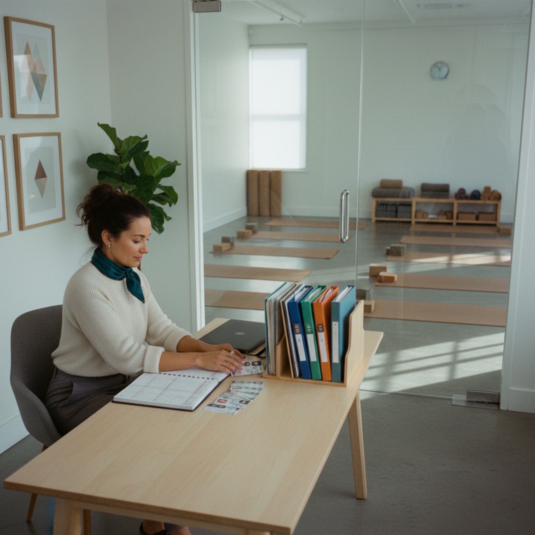 Ein Studiomanager ordnet in einem ruhigen Büro einen Stapel Mitgliedskarten neben sauber beschriftete Ordner. Durch die Glastür sieht man einen hellen Kursraum mit bereitliegenden Matten. Das Licht ist weich und gleichmäßig. Die Szene wirkt strukturiert, kontrolliert und vorausschauend geplant.