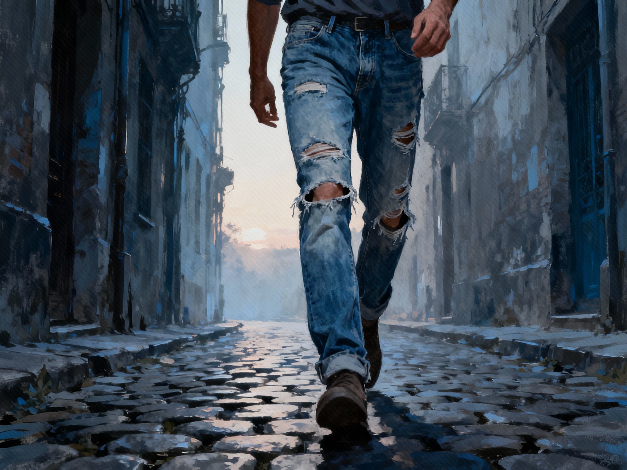 An early morning street scene captured in a format featuring a man confidently striding down a