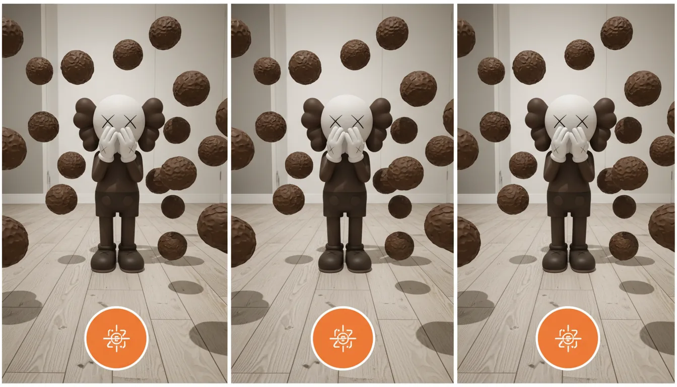 A triptych-style collage of smartphone screen captures displaying an augmented reality (AR) app experience, viewed from a first-person perspective. The central subject is a 3D render of a KAWS Companion character, a brown vinyl-style toy with a skull head and 'X' eyes, covering its face with its white-gloved hands. The AR scene features dozens of floating, textured brown spheres surrounding the character, all superimposed over a real-world light wood floor. The bottom of the UI shows a bright orange button with abstracted text elements. The 3D models have a matte plastic material finish with soft global illumination.