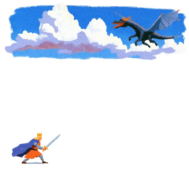 A crowned king with a blue cape raises a sword toward a flying black-and-orange dragon in a cloudy blue sky, Floating Castle's closing call-to-action art