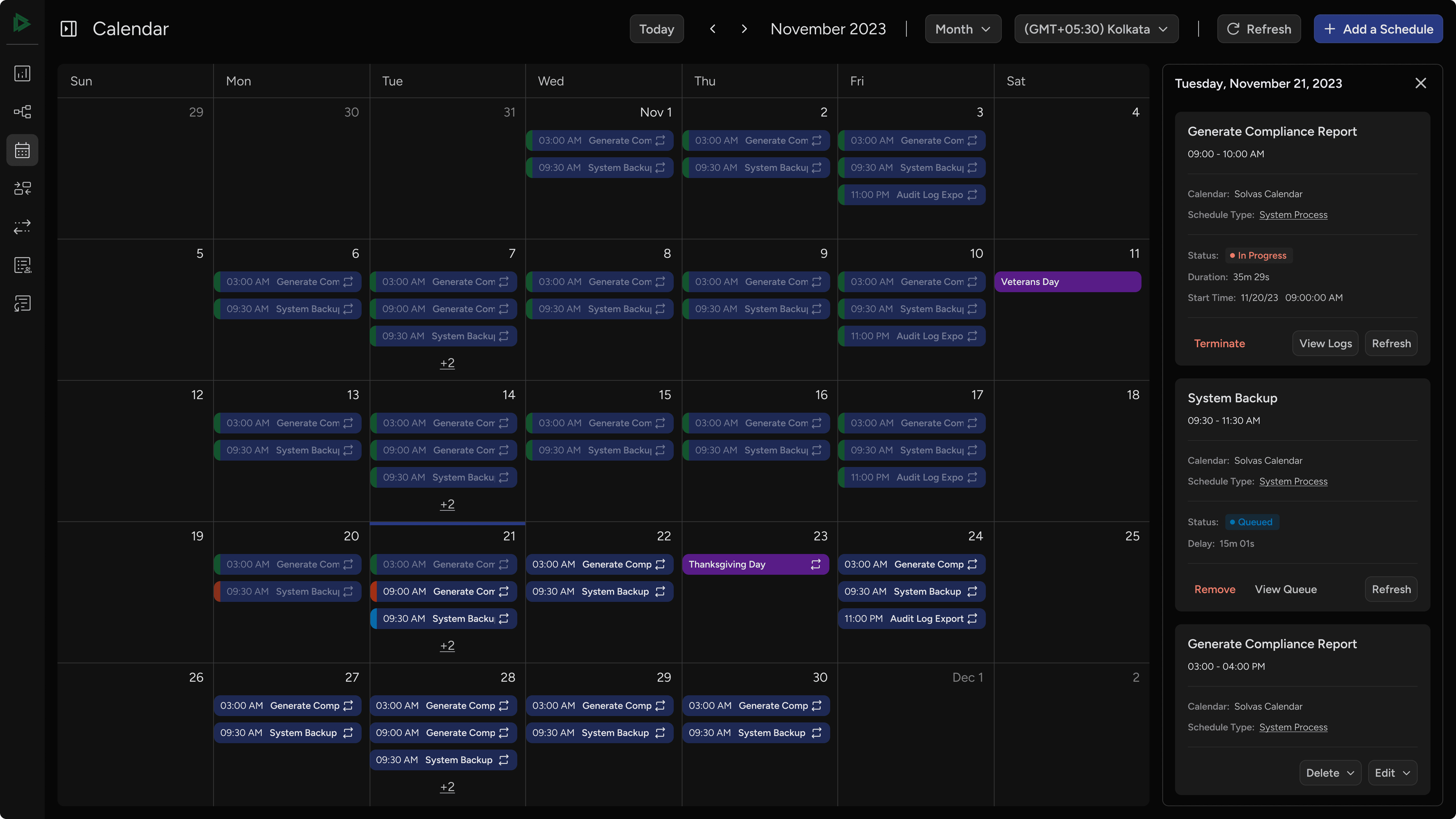 Calendar month view showing scheduled processes with statuses and a side panel displaying processes for a particular day