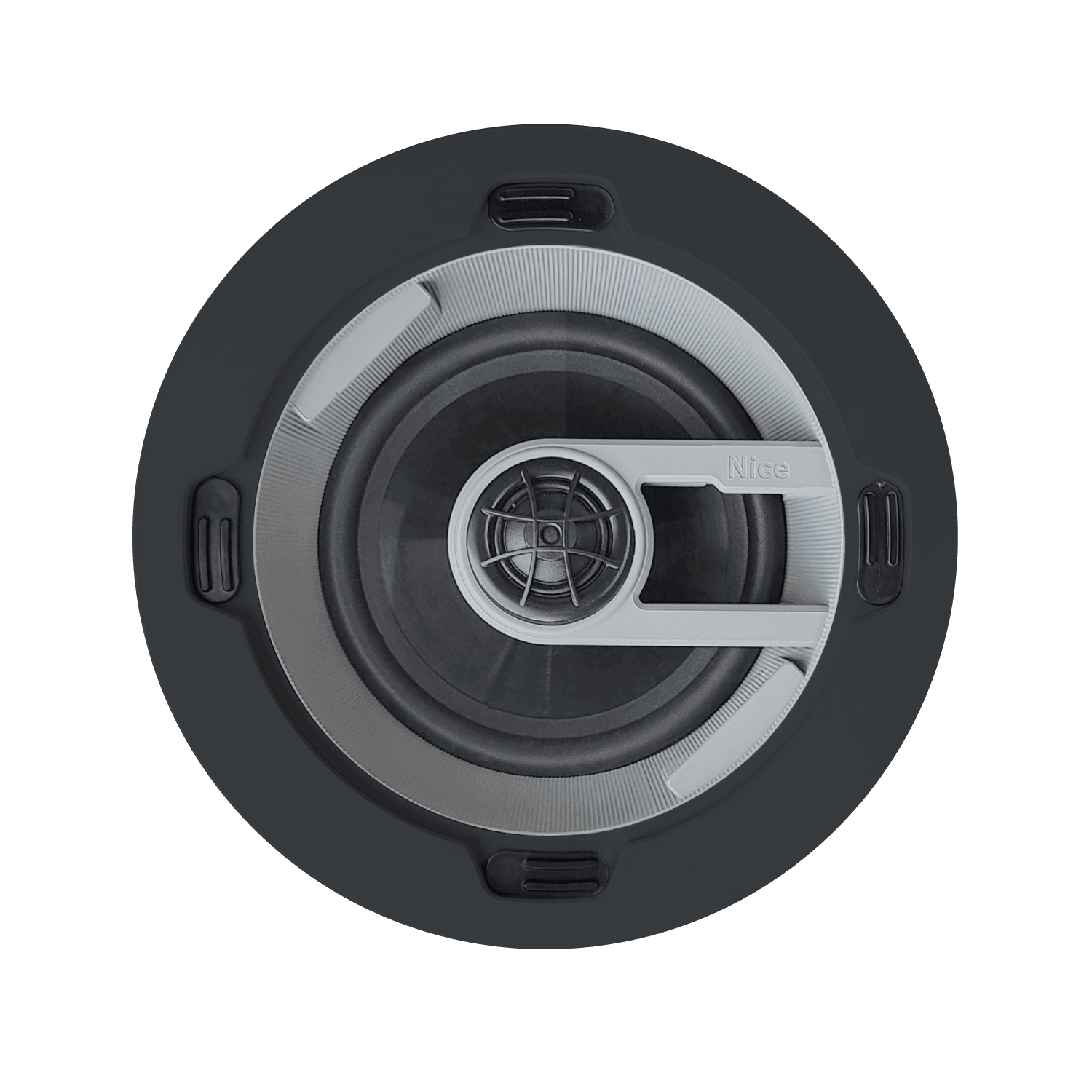 Round speaker with metal mesh and silver trim.