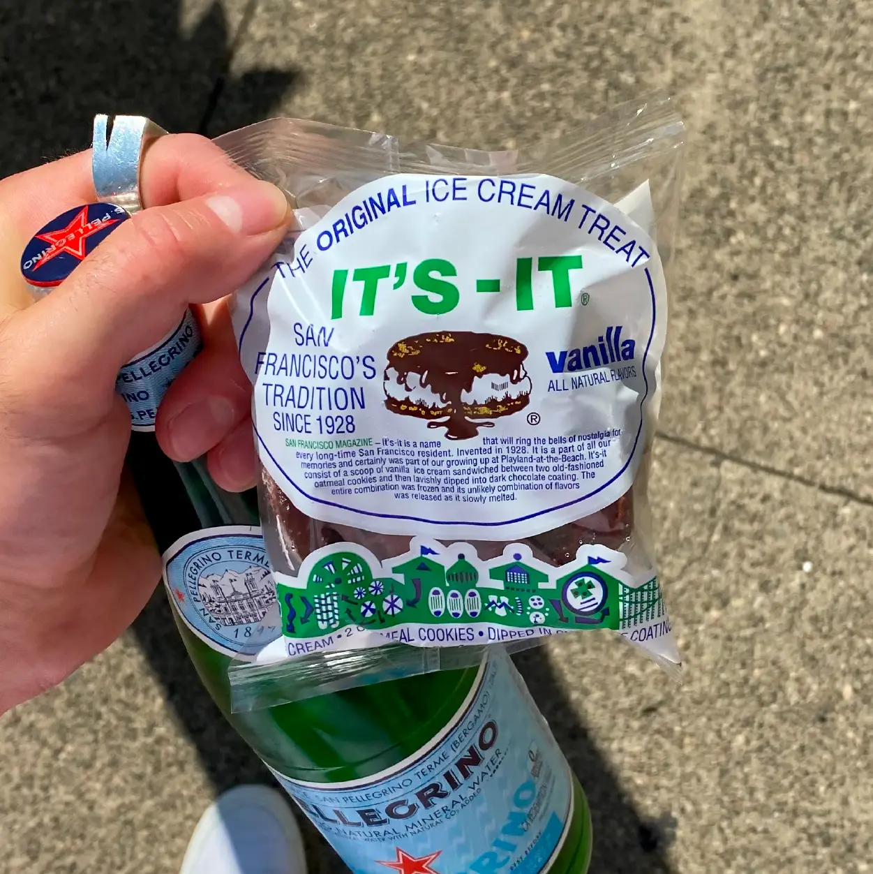Photo of It’s-It ice cream sandwich in plastic wrapper.