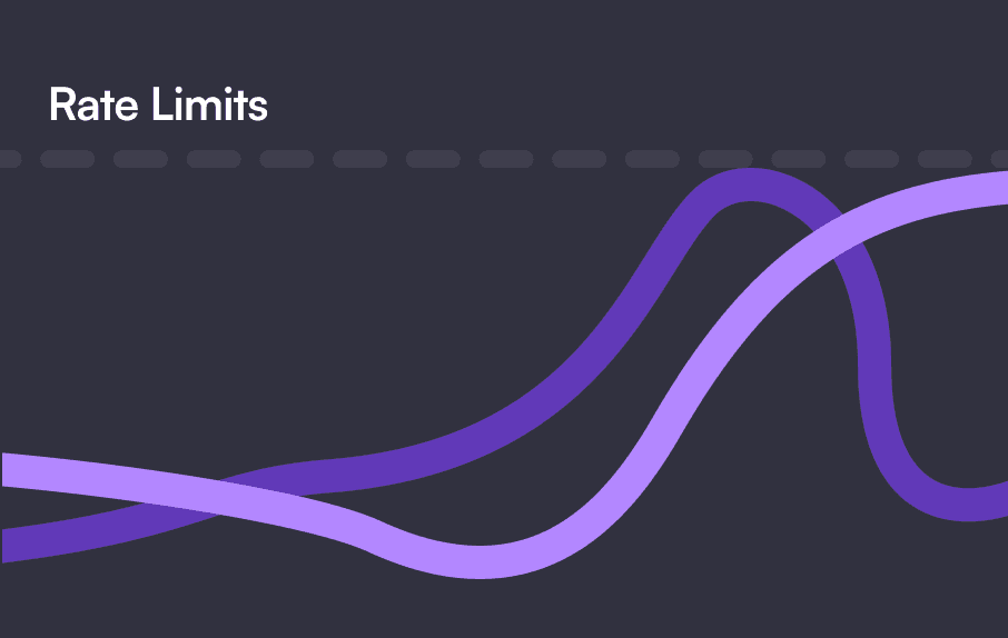 Alt text: "Dark-themed graph with flowing purple waves and the text 'Rate Limits' on the left. The smooth curves convey a fluid, dynamic motion."