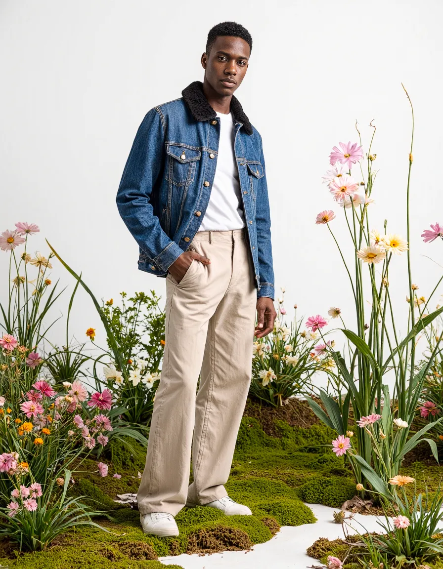 Fashion photography featuring denim jacket with sherpa collar and khaki pants against artistic floral garden backdrop