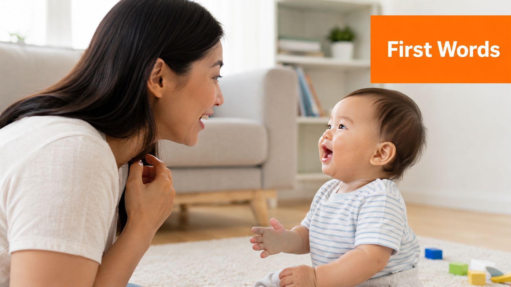 A caring mother interacting with her happy baby who is beginning to learn and speak first words.