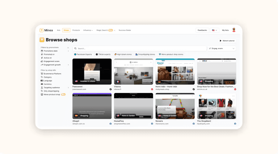 Minea’s store browsing