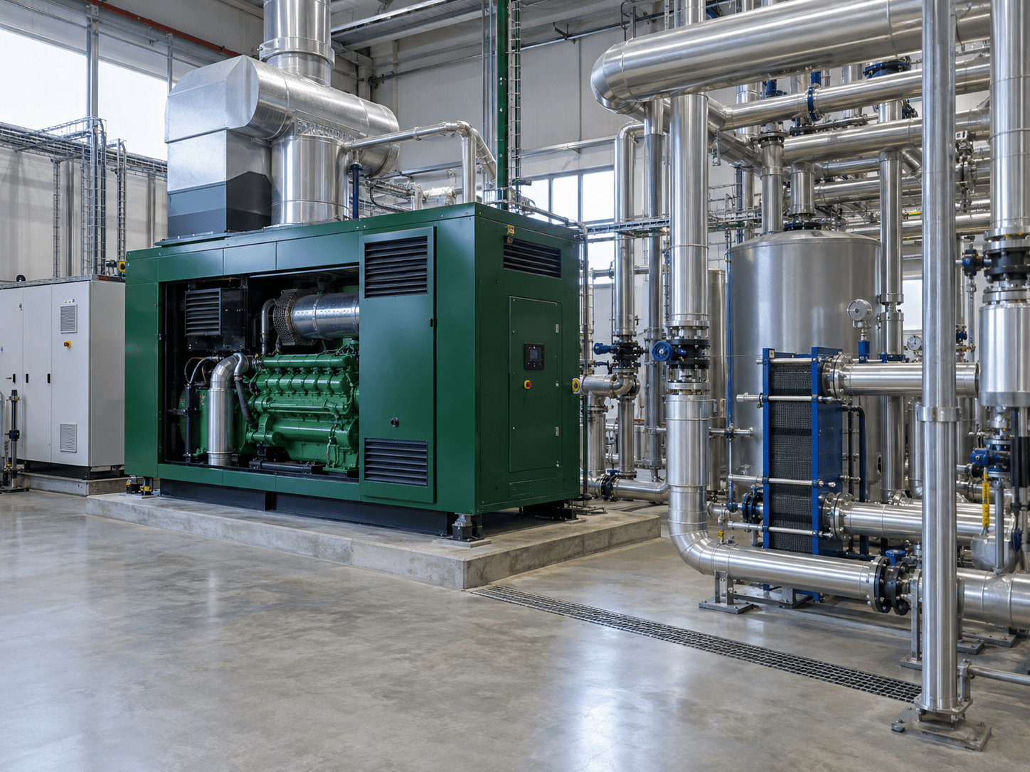 Planta alimentaria con tuberías de vapor, intercambiadores y equipos de cogeneración técnicamente plausibles.
