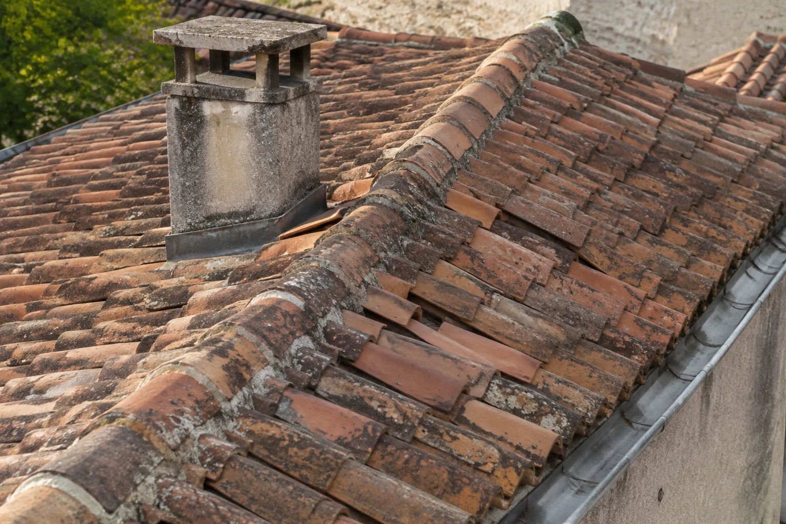 Vue aérienne d’une toiture en tuiles avec faîtage, souche de cheminée et chéneau