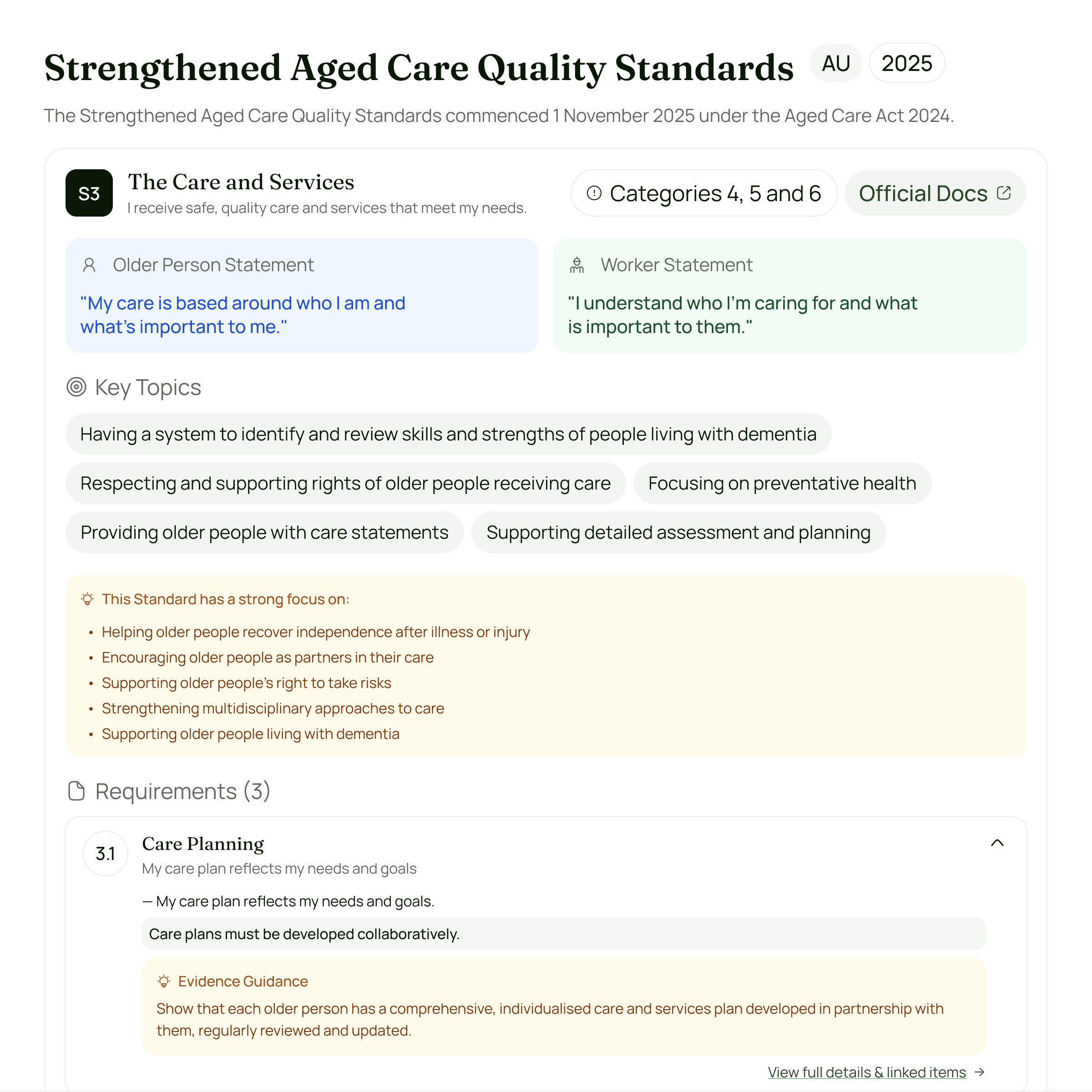 Aged care compliance software evidence management screen showing hormone therapy policy and linked ACQS 2025 requirements